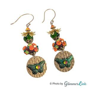 Long Three Tier Floral Lampwork Butterfly Disc Mixed Material Dangle Earrings